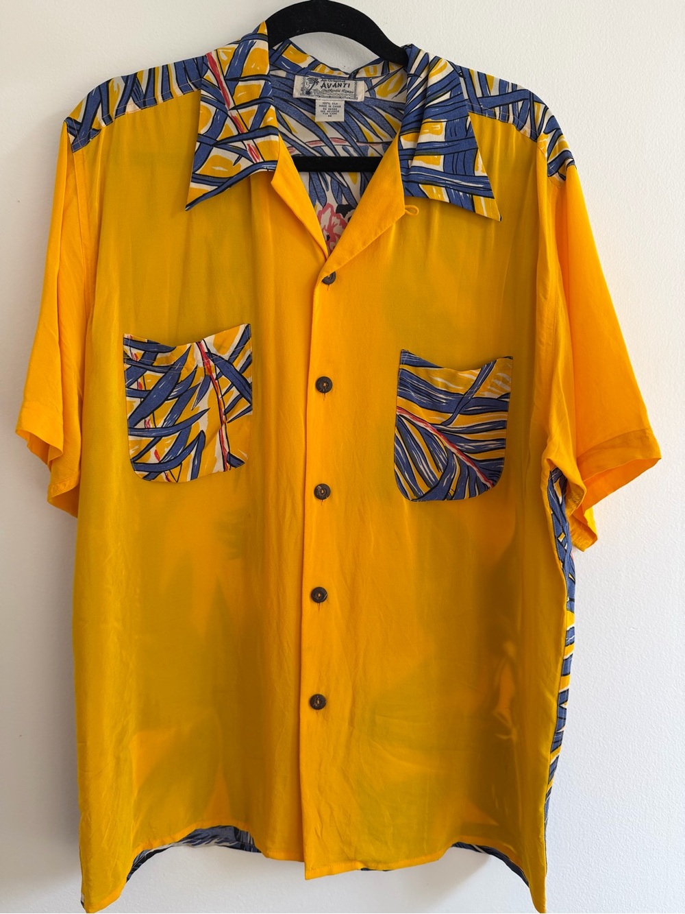 Avanti Bright Yellow Short-Sleeve Button-Down with Blue Pattern Accents